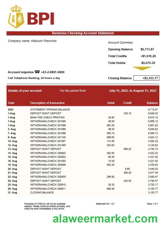 Bank of the Philippine Islands business statement Word and PDF template